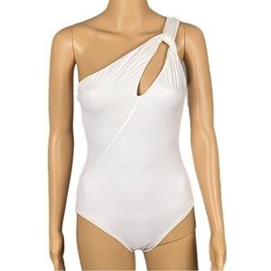 CARMEN MARC VALVO “One shoulder, One-Piece- Twisted Tides White”. Size 6. NWOT